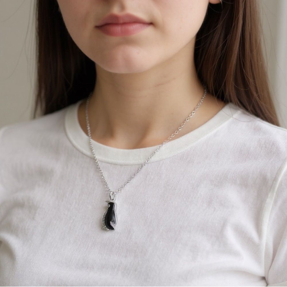 Adorable Silver Penguin Necklace with Black Enamel & Crystal Accents